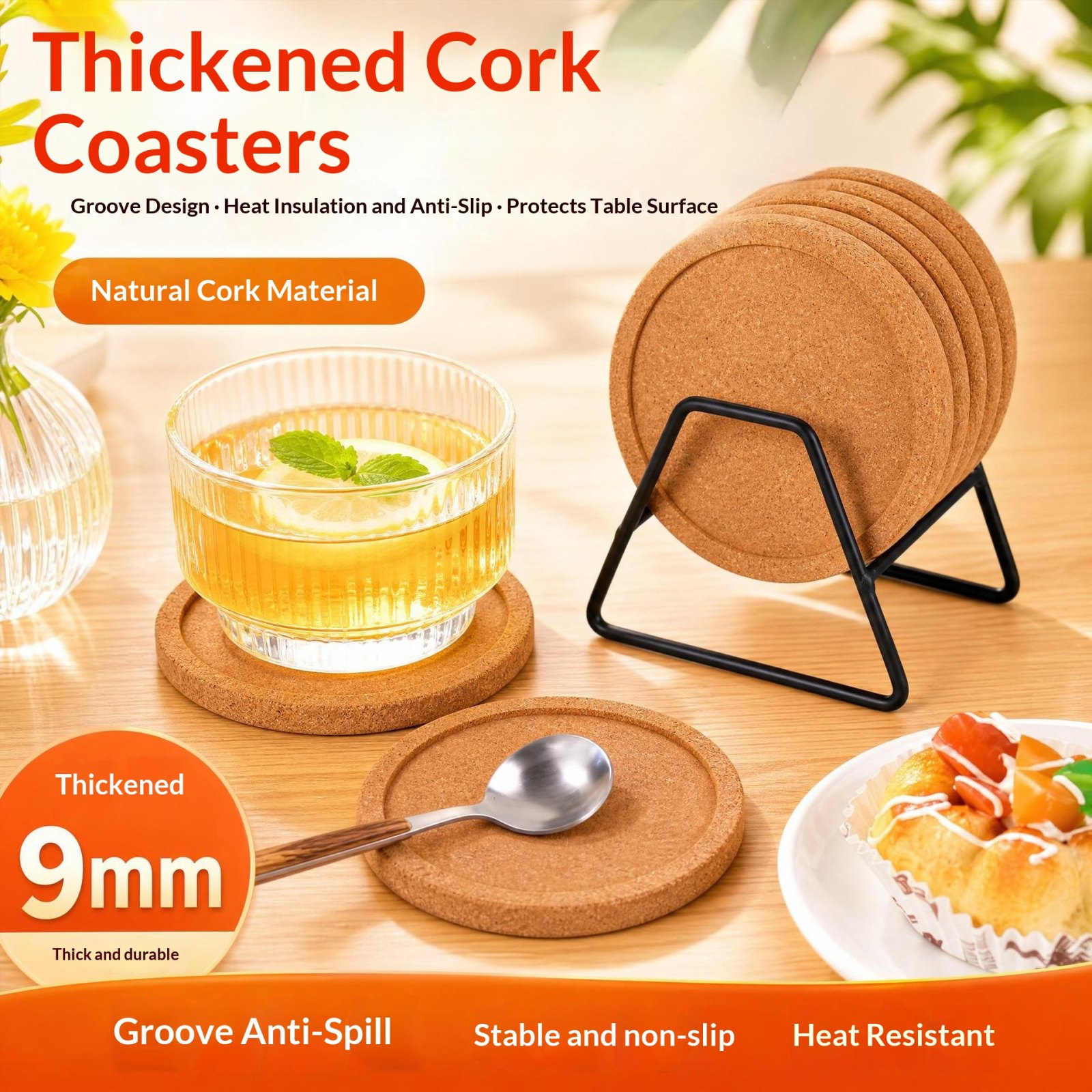 9MM Thick Concave Groove Cork Coaster, Anti-Spill Wholesale Hotel Table Coaster