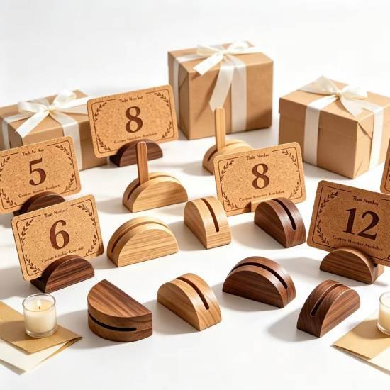 Wholesale Custom Engraved Cork Table Number Cards with Wood Stand, Wedding Table Place Cards, Personalized Table Numbers for Wedding Reception Banquet Event Decoration