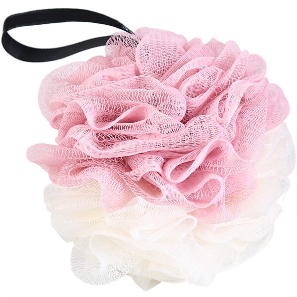 A pink and white Shower Bath Sponges Loofahs Balls with a black handle.