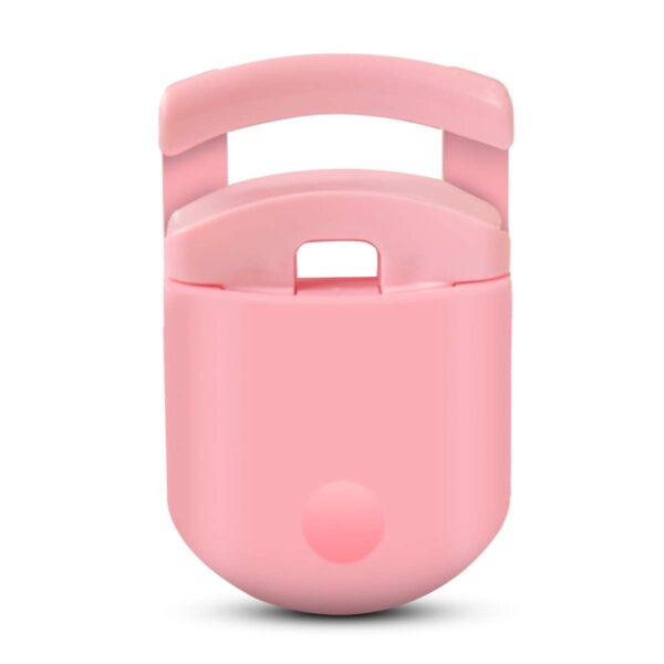 A pink plastic container with a handle on it is the Portable Eyelash Curler for Women.