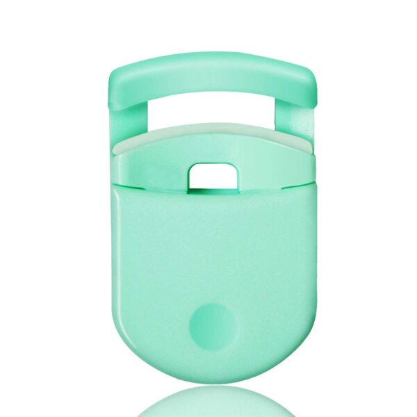 A mint colored plastic Portable Eyelash Curler for Women with a handle.