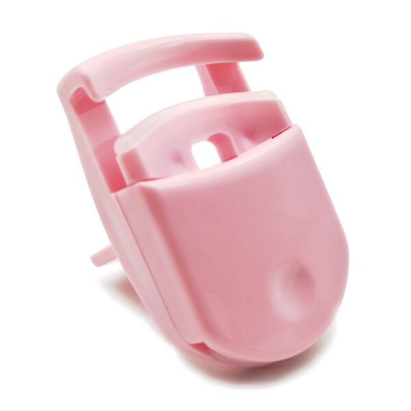 A pink plastic Portable Eyelash Curler for Women holder on a white background.