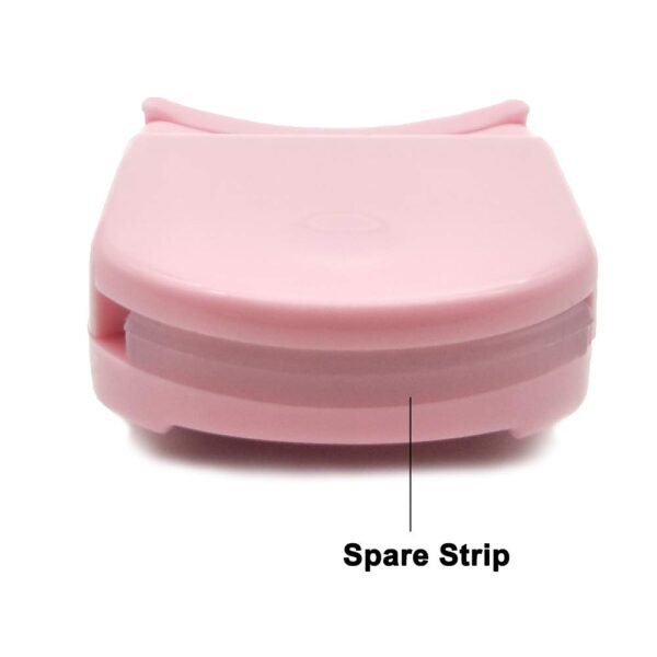 A pink plastic container with the word Portable Eyelash Curler for Women on it.