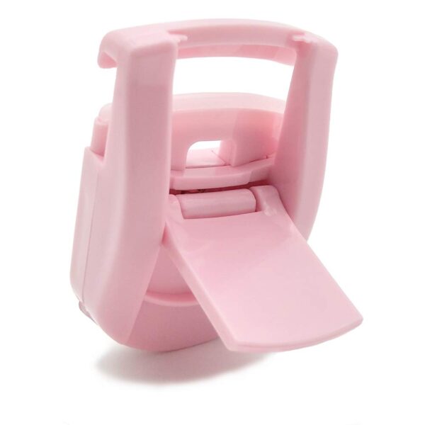 A pink plastic Portable Eyelash Curler for Women with a lid on it.