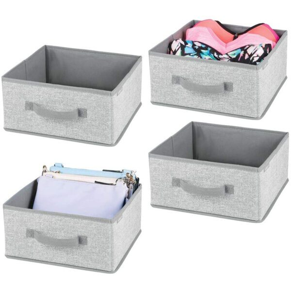 A set of gray Storage Bins for Shelves with clothes in them.