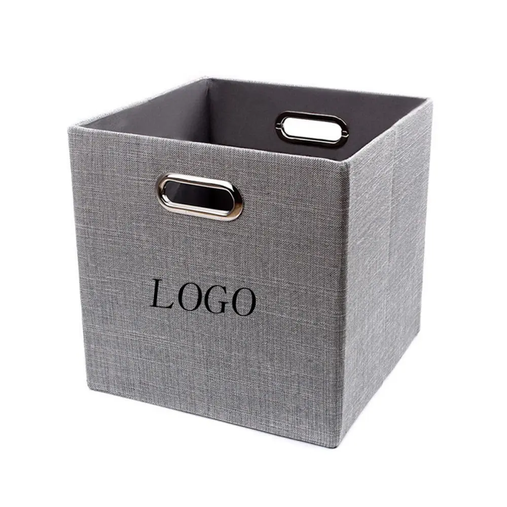 A foldable storage bin with dual metallic handles, a gray exterior, and the word logo on it.