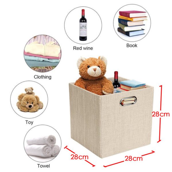 Foldable Storage Bins with Dual Metallic Handles containing teddy bear and books.