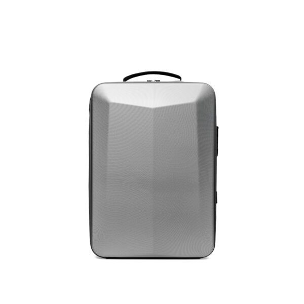 A Silver Hard Case Backpack with Unique Edge Design - 16.53" x 11.81" x 5.51 on a white background.