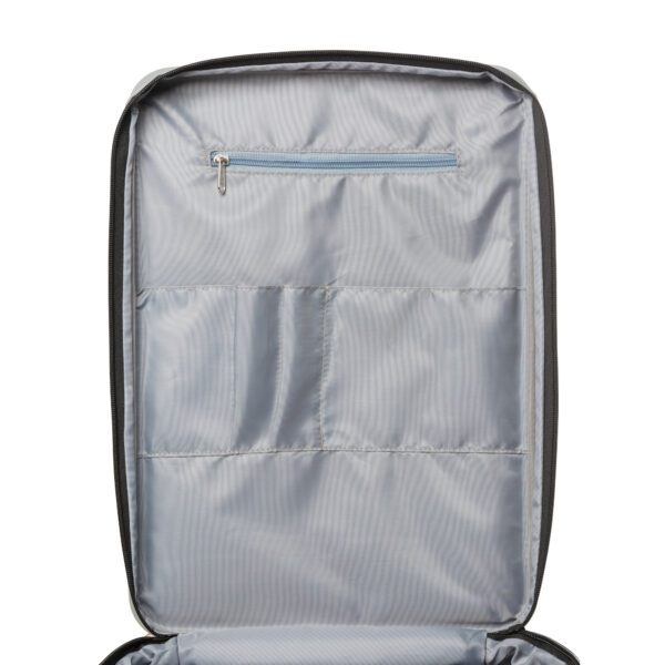 A Silver Hard Case Backpack with Unique Edge Design - 16.53" x 11.81" x 5.51 suitcase with a zippered compartment on a white background.