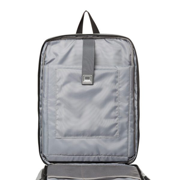 A Silver Hard Case Backpack with Unique Edge Design - 16.53" x 11.81" x 5.51 with two compartments and a zipper.