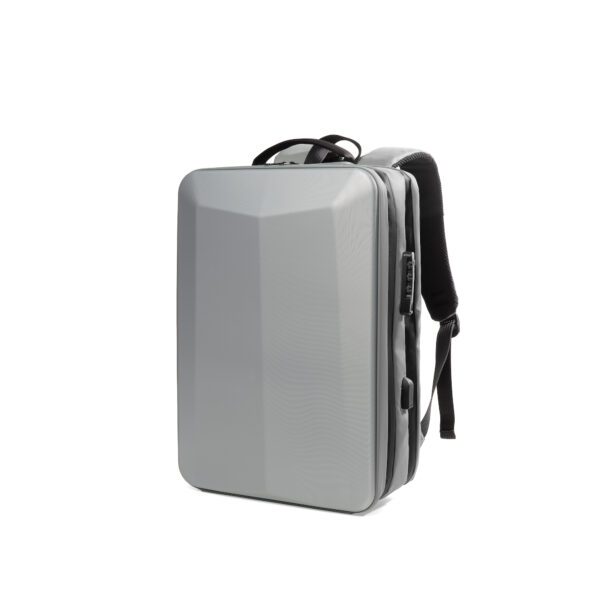 A Silver Hard Case Backpack with Unique Edge Design - 16.53" x 11.81" x 5.51 on a white background.