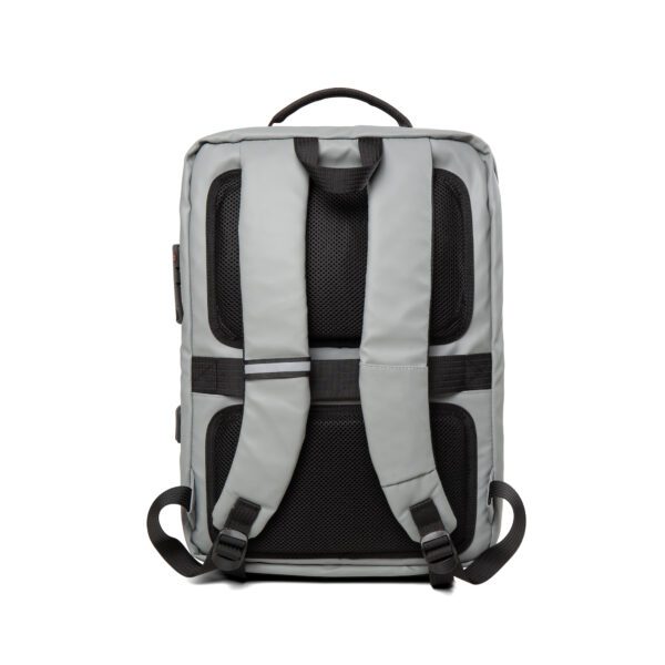 A silver hard case backpack with unique edge design - 16.53" x 11.81" x 5.51" with black straps on a white background.