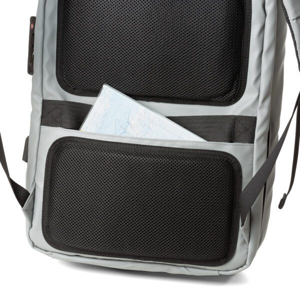 A Silver Hard Case Backpack with Unique Edge Design - 16.53" x 11.81" x 5.51 containing a map in it.