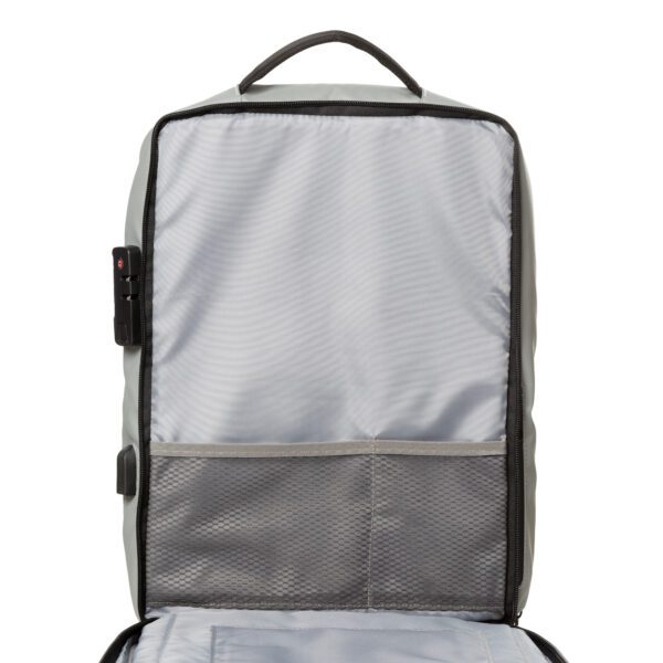 A Silver Hard Case Backpack with Unique Edge Design - 16.53" x 11.81" x 5.51" with a zippered compartment.