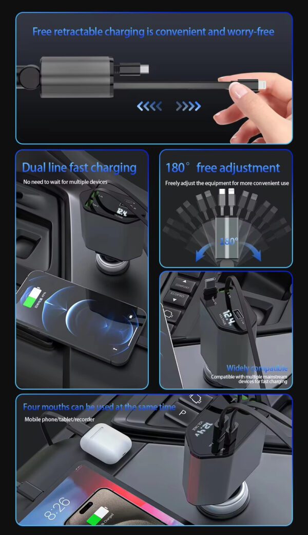 Retractable Cable Car Charger 65W 4 - in - 1 Car Charger with Retractable Cables - Image 8