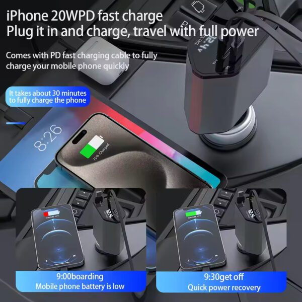 Retractable Cable Car Charger 65W 4 - in - 1 Car Charger with Retractable Cables - Image 4